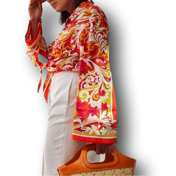 ZARA 70’s Retro Vibrant Crop Blouse Bell Sleeve Collared Button Down Tie Front - Picture 2 of 13